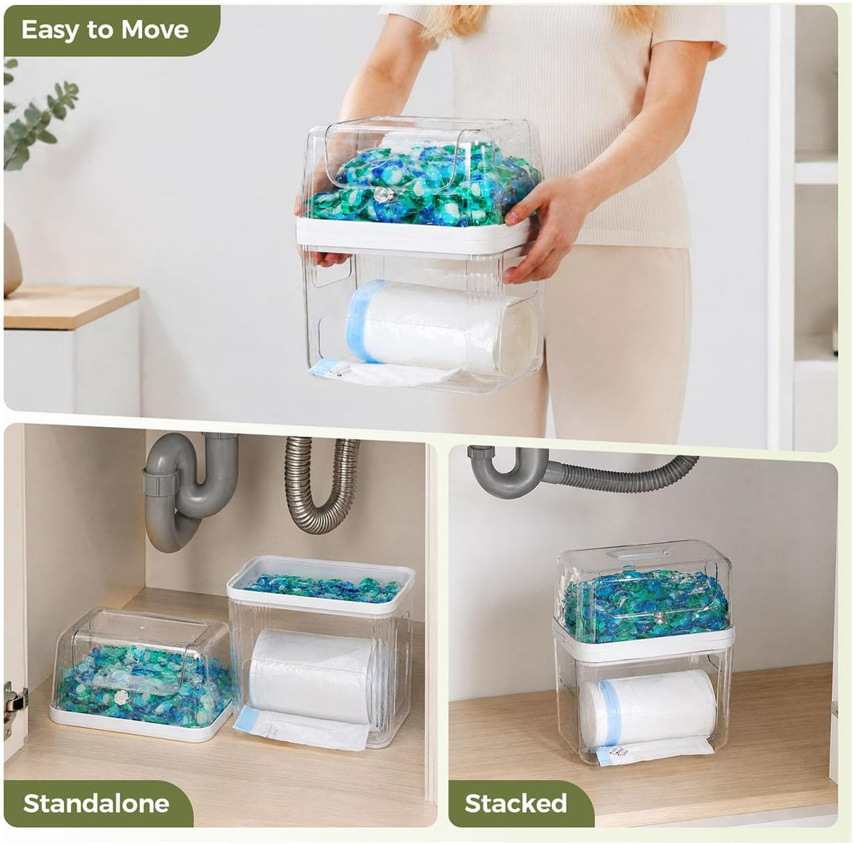 Trash Bag Dispenser & Dishwasher Pod Holder, 3-in-1 Trash Bag Holder Laundry Pods Container with Moisture-Proof Lid, Acrylic Garbage Bag Dispenser for Under Sink Organizer Laundry Room Organization