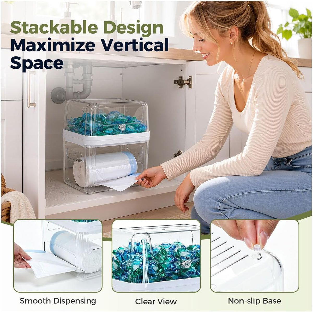 Trash Bag Dispenser & Dishwasher Pod Holder, 3-in-1 Trash Bag Holder Laundry Pods Container with Moisture-Proof Lid, Acrylic Garbage Bag Dispenser for Under Sink Organizer Laundry Room Organization