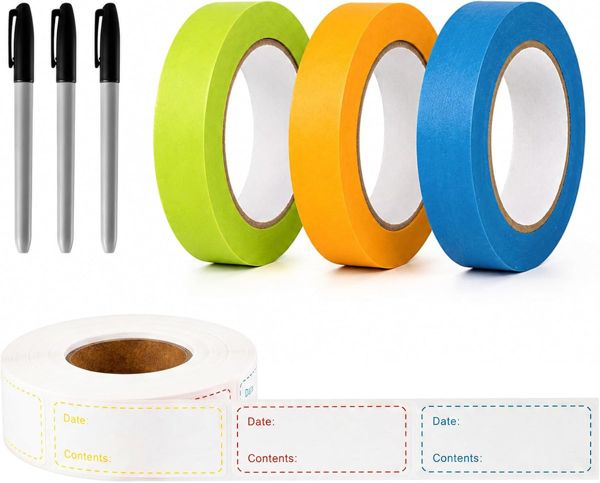 Freezer Label Kit for Food Storage Includes 500 Pcs Waterproof Removable Food Labels 3/4 Inch x 55 Yd, 3 Rolls Masking Tape, 3 Marker Pens for Kitchens Refrigerator Meal Prep(White)