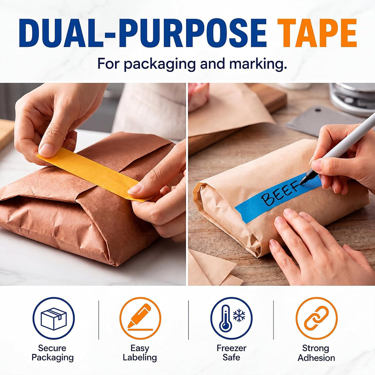 Freezer Label Kit for Food Storage Includes 500 Pcs Waterproof Removable Food Labels 3/4 Inch x 55 Yd, 3 Rolls Masking Tape, 3 Marker Pens for Kitchens Refrigerator Meal Prep(White)