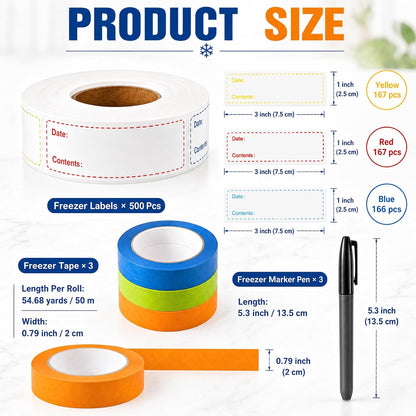 Freezer Label Kit for Food Storage Includes 500 Pcs Waterproof Removable Food Labels 3/4 Inch x 55 Yd, 3 Rolls Masking Tape, 3 Marker Pens for Kitchens Refrigerator Meal Prep(White)