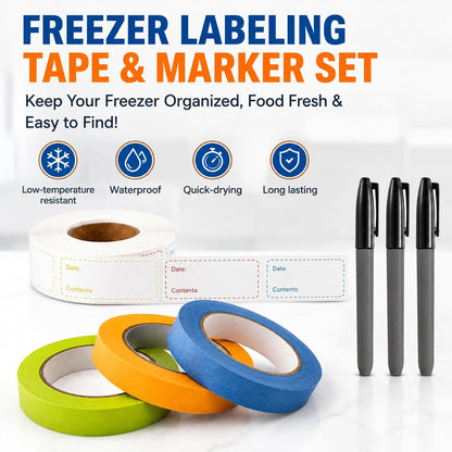Freezer Label Kit for Food Storage Includes 500 Pcs Waterproof Removable Food Labels 3/4 Inch x 55 Yd, 3 Rolls Masking Tape, 3 Marker Pens for Kitchens Refrigerator Meal Prep(White)