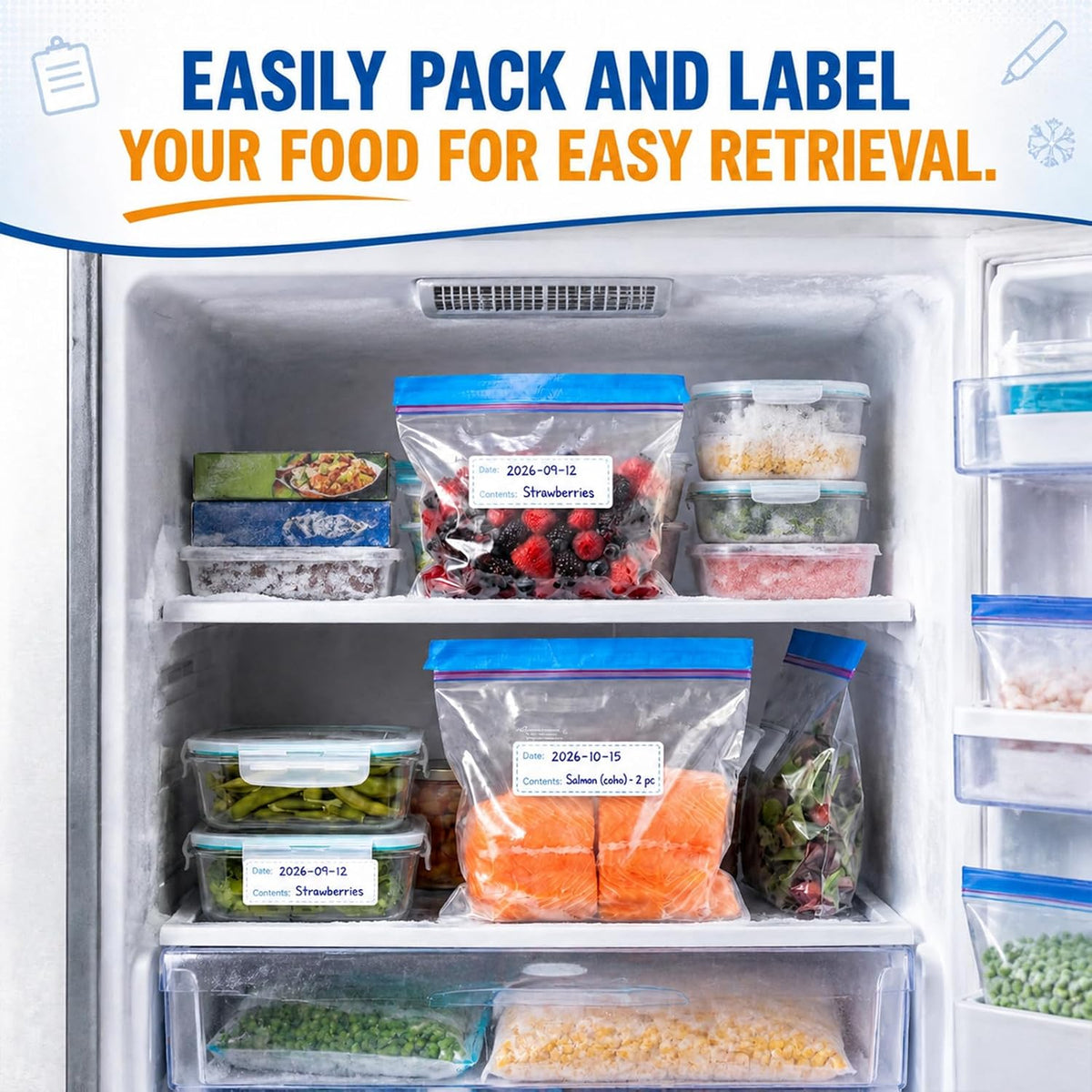 Freezer Label Kit for Food Storage Includes 500 Pcs Waterproof Removable Food Labels 3/4 Inch x 55 Yd, 3 Rolls Masking Tape, 3 Marker Pens for Kitchens Refrigerator Meal Prep(White)