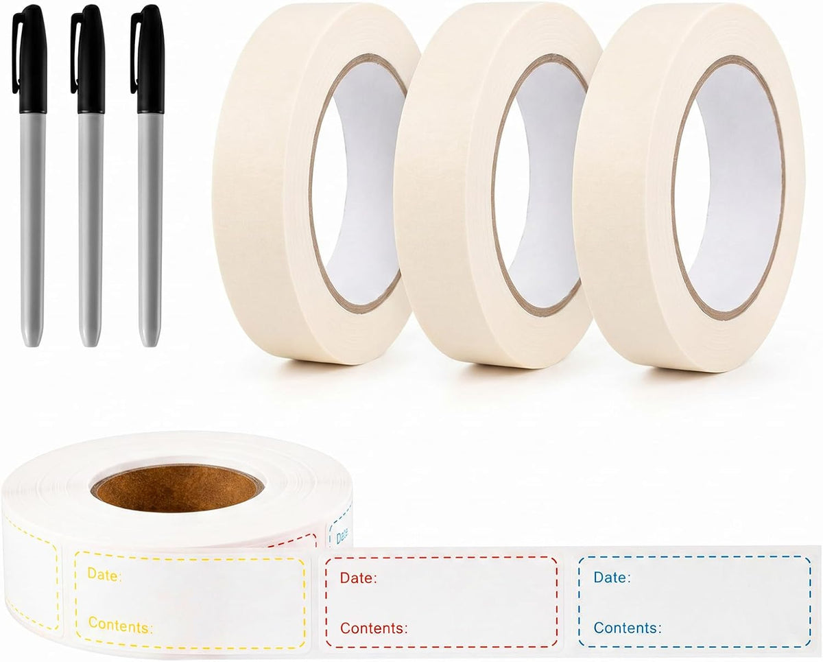 Freezer Label Kit for Food Storage Includes 500 Pcs Waterproof Removable Food Labels 3/4 Inch x 55 Yd, 3 Rolls Masking Tape, 3 Marker Pens for Kitchens Refrigerator Meal Prep(White)