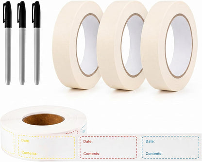 Freezer Label Kit for Food Storage Includes 500 Pcs Waterproof Removable Food Labels 3/4 Inch x 55 Yd, 3 Rolls Masking Tape, 3 Marker Pens for Kitchens Refrigerator Meal Prep(White)