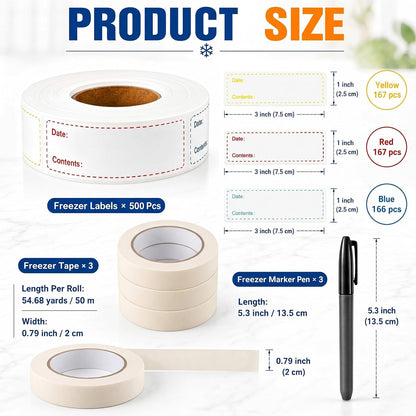 Freezer Label Kit for Food Storage Includes 500 Pcs Waterproof Removable Food Labels 3/4 Inch x 55 Yd, 3 Rolls Masking Tape, 3 Marker Pens for Kitchens Refrigerator Meal Prep(White)