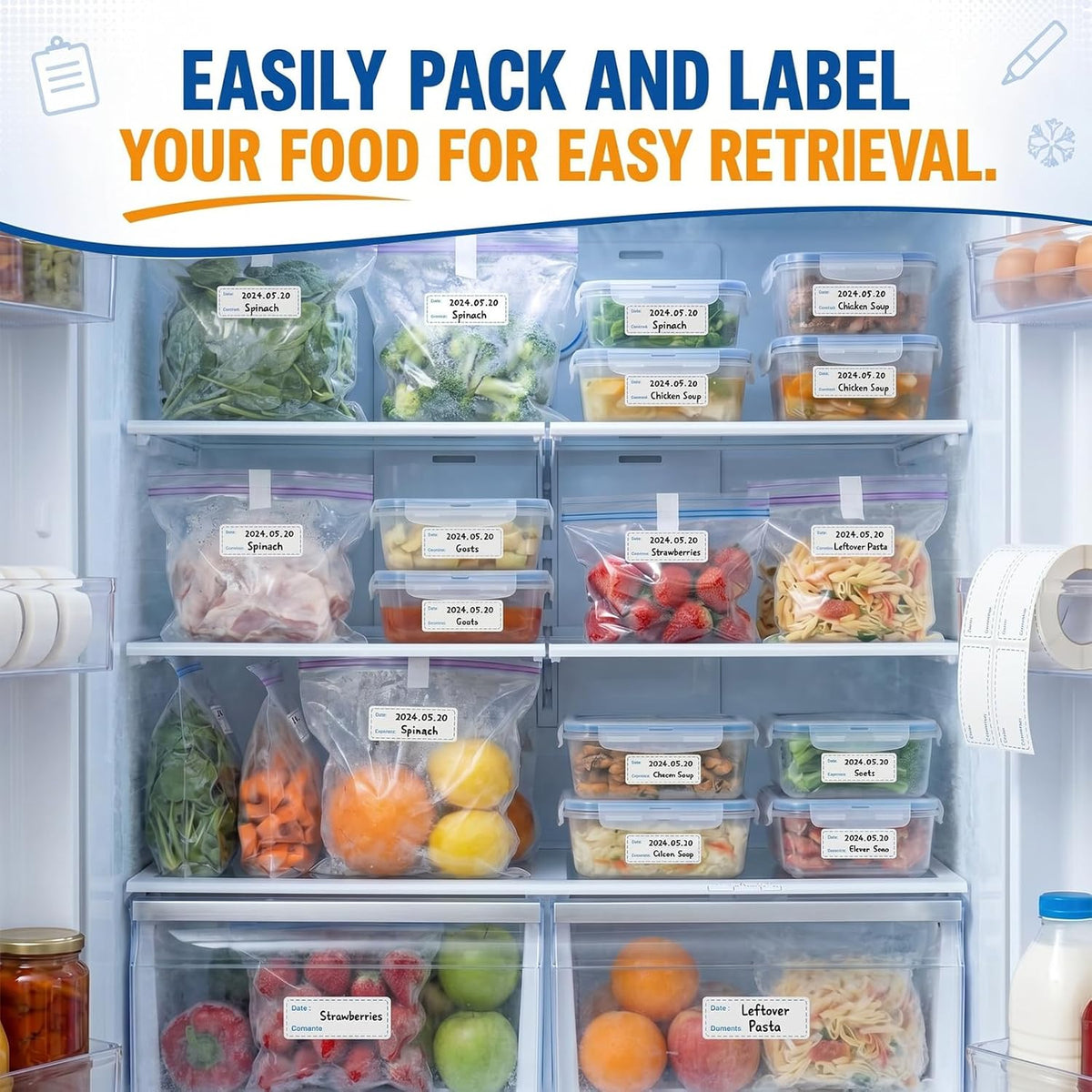 Freezer Label Kit for Food Storage Includes 500 Pcs Waterproof Removable Food Labels 3/4 Inch x 55 Yd, 3 Rolls Masking Tape, 3 Marker Pens for Kitchens Refrigerator Meal Prep(White)