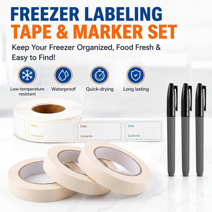 Freezer Label Kit for Food Storage Includes 500 Pcs Waterproof Removable Food Labels 3/4 Inch x 55 Yd, 3 Rolls Masking Tape, 3 Marker Pens for Kitchens Refrigerator Meal Prep(White)
