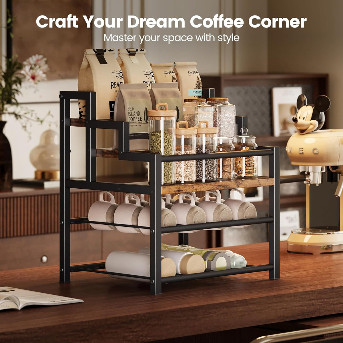 5-Tier Liquor Bottle Display Shelf, Holds up to 20 Bottles, Countertop Wine Racks with 6 Wine Glass Holders, Mini Wine Bar Cabinet for Home, All in One Coffee Syrup Whiskey Organizer