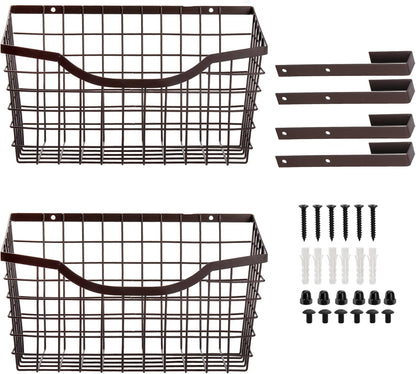 2 Pack Cabinet & Wall Mount Basket, Large Metal Wire Basket Wall Mount Hanging Basket Over Cabinet Door Organizer Bin Grid Storage Baskets for Home Kitchen Bathroom Pantry, Bronze