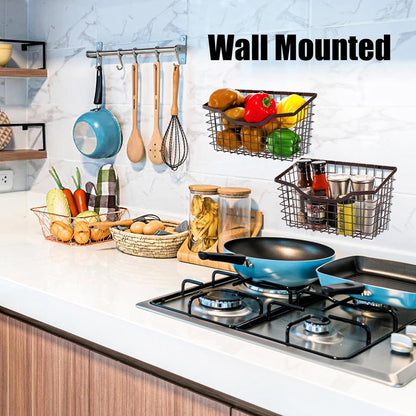 2 Pack Cabinet & Wall Mount Basket, Large Metal Wire Basket Wall Mount Hanging Basket Over Cabinet Door Organizer Bin Grid Storage Baskets for Home Kitchen Bathroom Pantry, Bronze