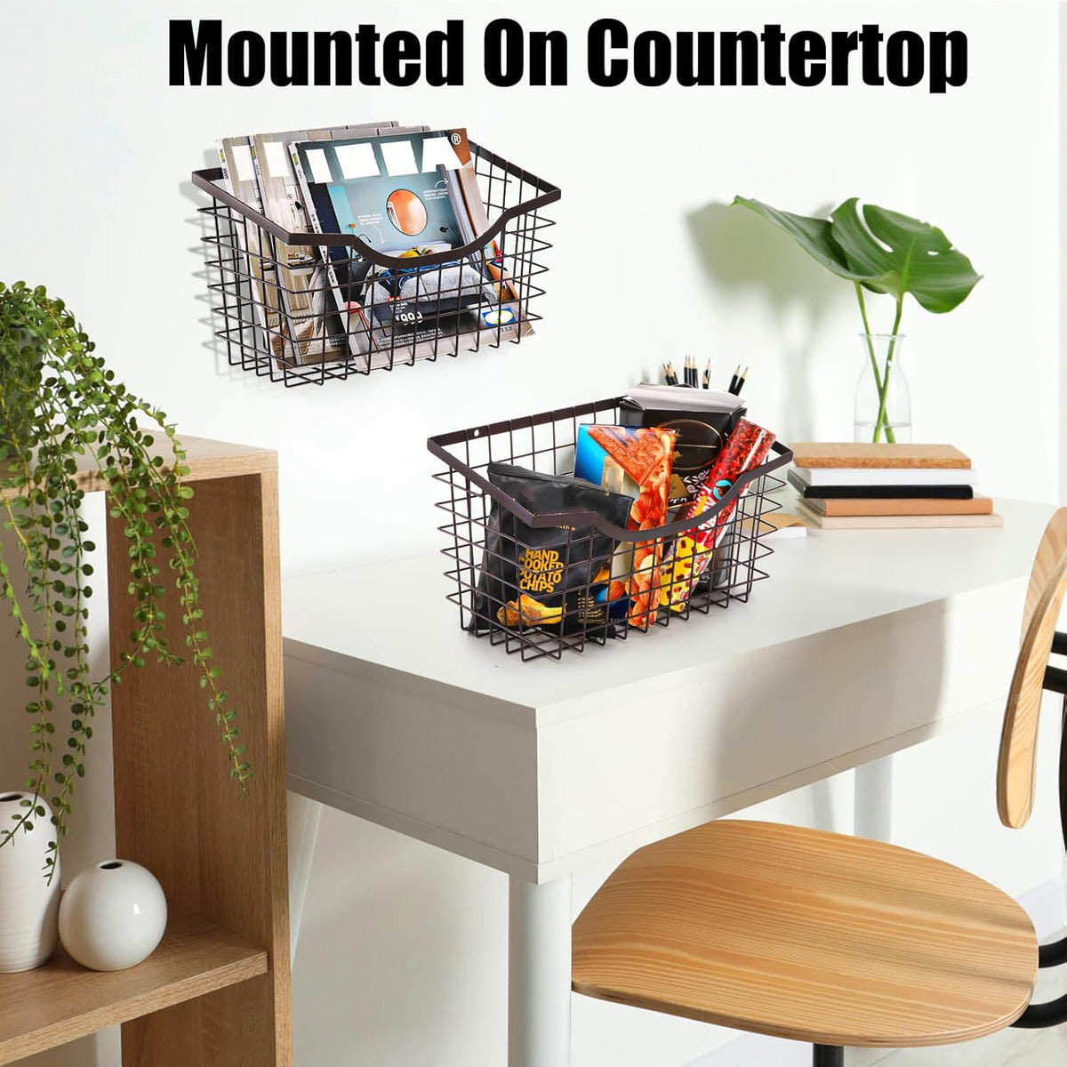 2 Pack Cabinet & Wall Mount Basket, Large Metal Wire Basket Wall Mount Hanging Basket Over Cabinet Door Organizer Bin Grid Storage Baskets for Home Kitchen Bathroom Pantry, Bronze