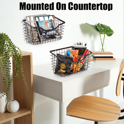 2 Pack Cabinet & Wall Mount Basket, Large Metal Wire Basket Wall Mount Hanging Basket Over Cabinet Door Organizer Bin Grid Storage Baskets for Home Kitchen Bathroom Pantry, Bronze