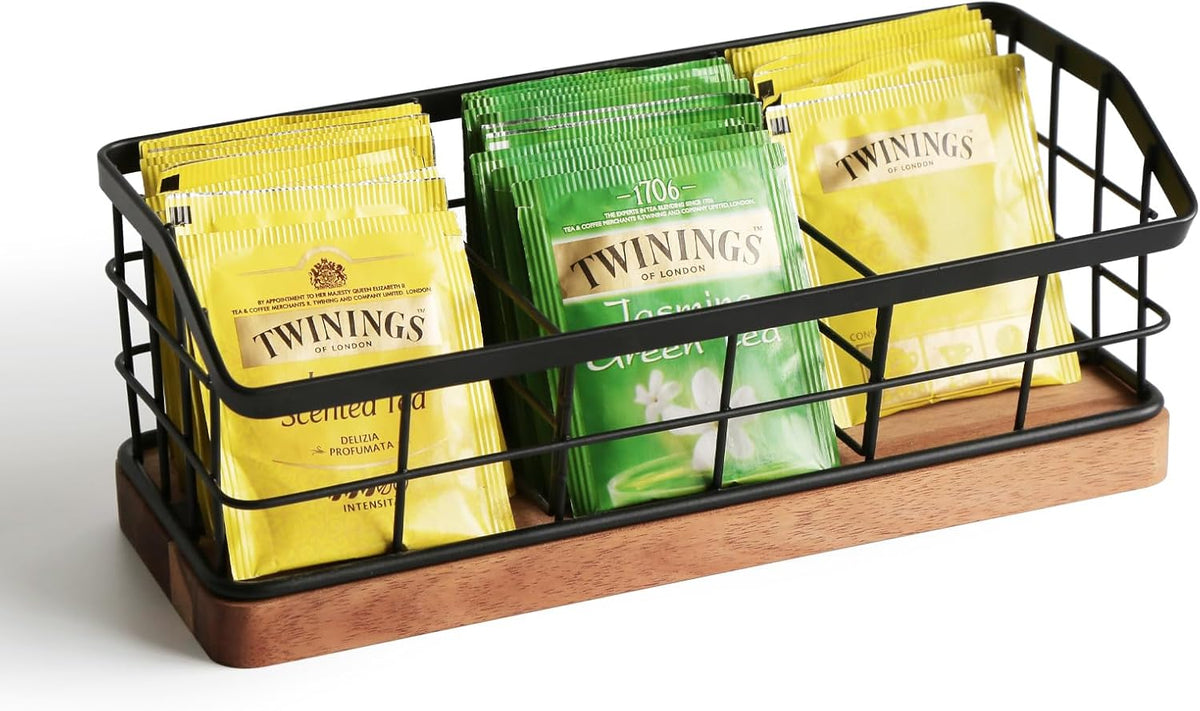 WILDMOS Tea Bag Organizer,Iron Wire Basket with Wooden Base.Tea Storage Containers with 3 Slots,Sugar Packet,Tea Bar Accessories for Countertop Cabinet Drawer.