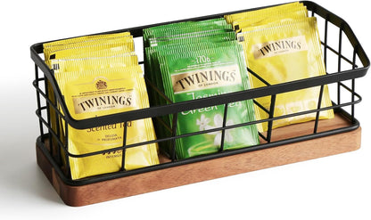 WILDMOS Tea Bag Organizer,Iron Wire Basket with Wooden Base.Tea Storage Containers with 3 Slots,Sugar Packet,Tea Bar Accessories for Countertop Cabinet Drawer.
