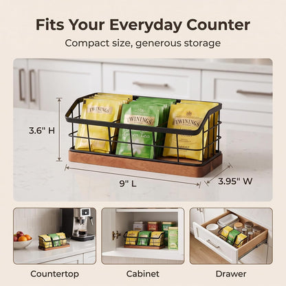 WILDMOS Tea Bag Organizer,Iron Wire Basket with Wooden Base.Tea Storage Containers with 3 Slots,Sugar Packet,Tea Bar Accessories for Countertop Cabinet Drawer.