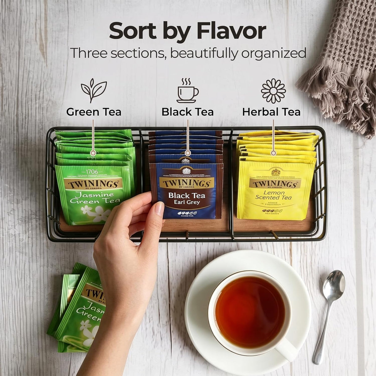 WILDMOS Tea Bag Organizer,Iron Wire Basket with Wooden Base.Tea Storage Containers with 3 Slots,Sugar Packet,Tea Bar Accessories for Countertop Cabinet Drawer.