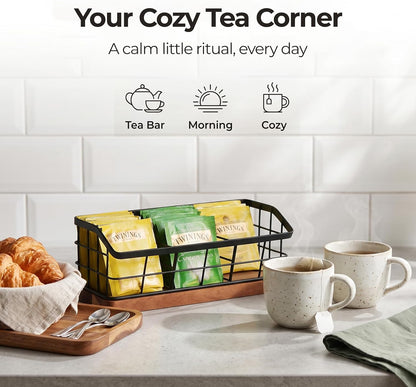 WILDMOS Tea Bag Organizer,Iron Wire Basket with Wooden Base.Tea Storage Containers with 3 Slots,Sugar Packet,Tea Bar Accessories for Countertop Cabinet Drawer.
