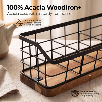 WILDMOS Tea Bag Organizer,Iron Wire Basket with Wooden Base.Tea Storage Containers with 3 Slots,Sugar Packet,Tea Bar Accessories for Countertop Cabinet Drawer.