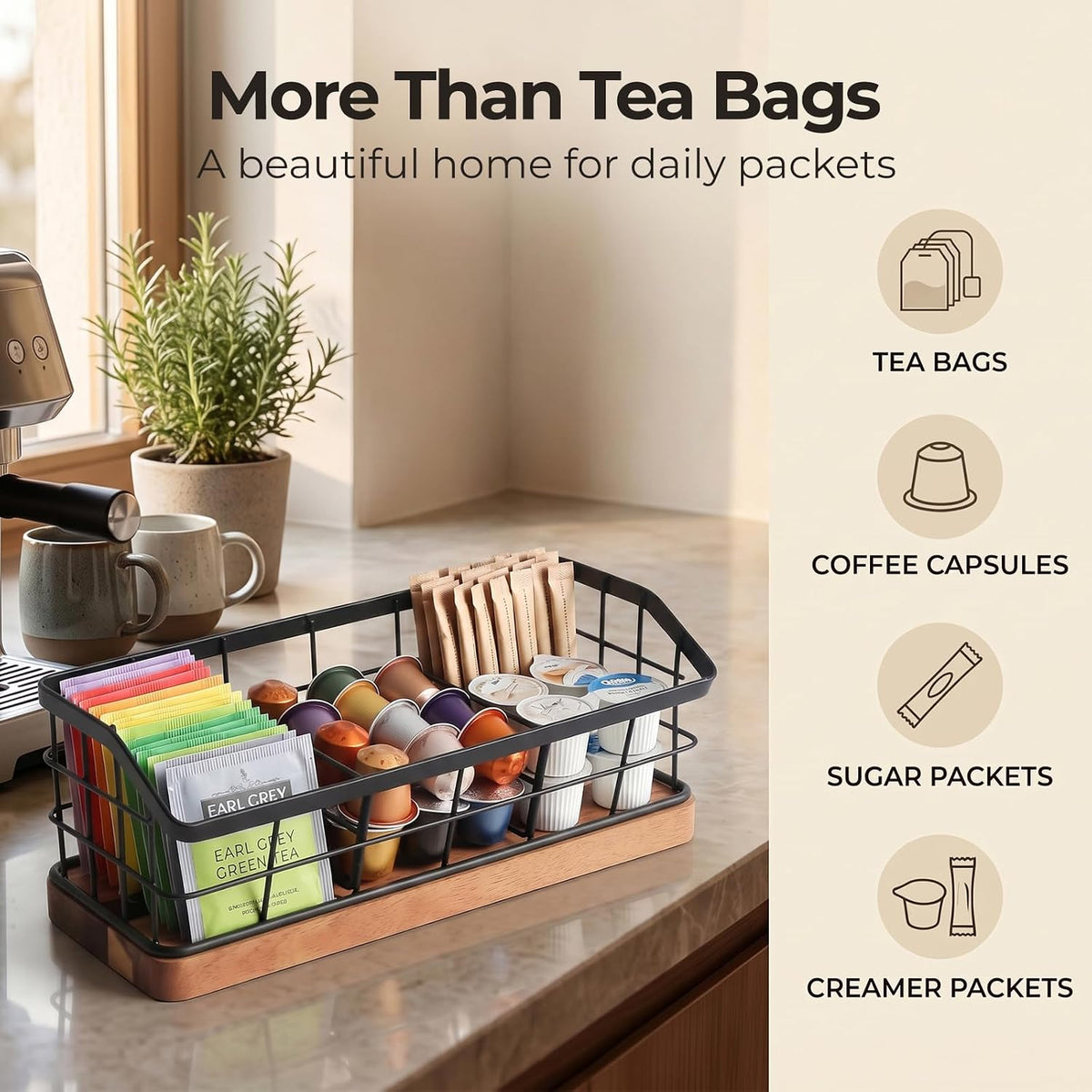 WILDMOS Tea Bag Organizer,Iron Wire Basket with Wooden Base.Tea Storage Containers with 3 Slots,Sugar Packet,Tea Bar Accessories for Countertop Cabinet Drawer.