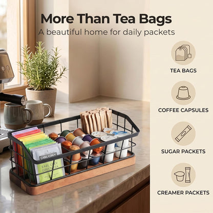 WILDMOS Tea Bag Organizer,Iron Wire Basket with Wooden Base.Tea Storage Containers with 3 Slots,Sugar Packet,Tea Bar Accessories for Countertop Cabinet Drawer.