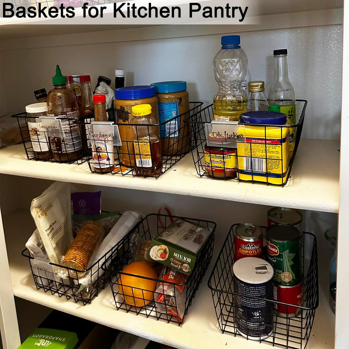 3 Pack Freezer White Wire Baskets for Organizing Office Wire Storage Basket with Built-in Handles, 14" Large White Metal Baskets for Pantry Freezer Kitchen Cabinets