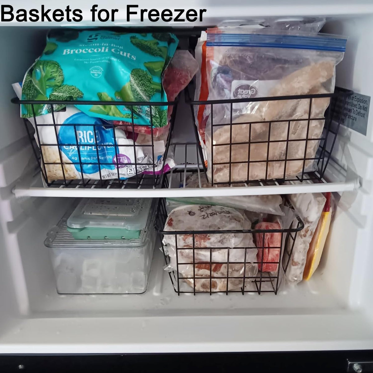 3 Pack Freezer White Wire Baskets for Organizing Office Wire Storage Basket with Built-in Handles, 14" Large White Metal Baskets for Pantry Freezer Kitchen Cabinets