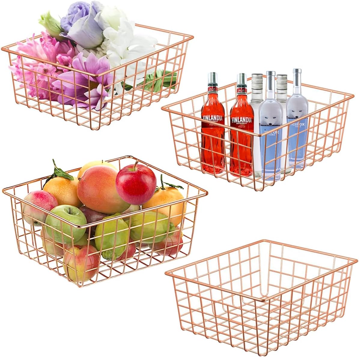 3 Pack Freezer White Wire Baskets for Organizing Office Wire Storage Basket with Built-in Handles, 14" Large White Metal Baskets for Pantry Freezer Kitchen Cabinets