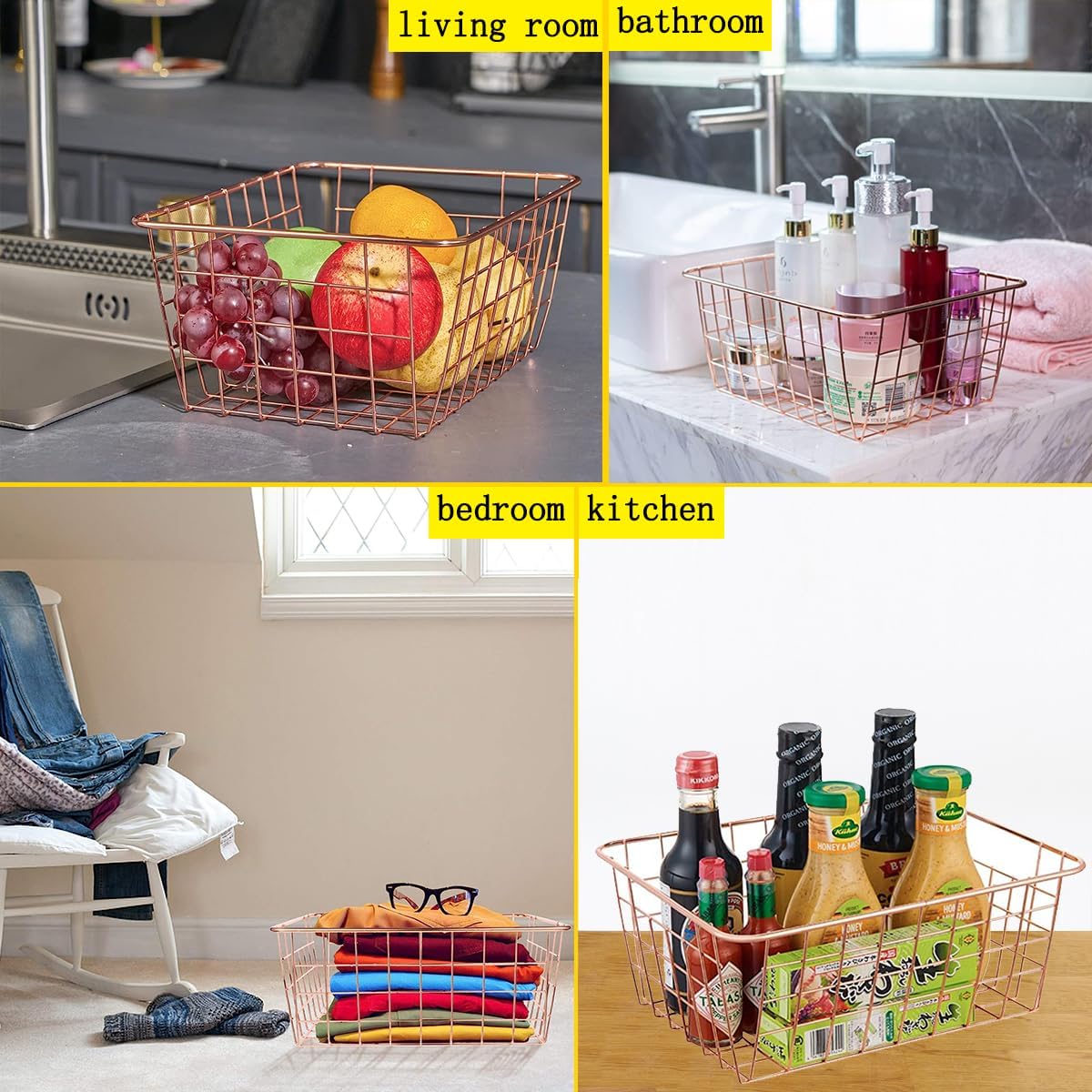 3 Pack Freezer White Wire Baskets for Organizing Office Wire Storage Basket with Built-in Handles, 14" Large White Metal Baskets for Pantry Freezer Kitchen Cabinets