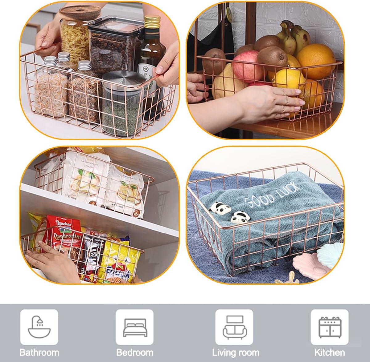 3 Pack Freezer White Wire Baskets for Organizing Office Wire Storage Basket with Built-in Handles, 14" Large White Metal Baskets for Pantry Freezer Kitchen Cabinets