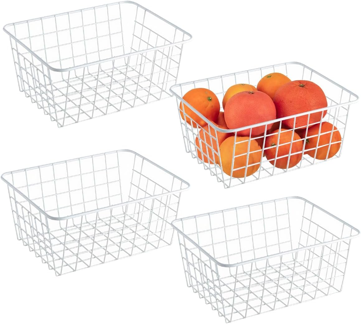 3 Pack Freezer White Wire Baskets for Organizing Office Wire Storage Basket with Built-in Handles, 14" Large White Metal Baskets for Pantry Freezer Kitchen Cabinets