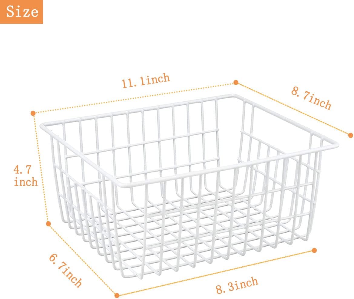 3 Pack Freezer White Wire Baskets for Organizing Office Wire Storage Basket with Built-in Handles, 14" Large White Metal Baskets for Pantry Freezer Kitchen Cabinets