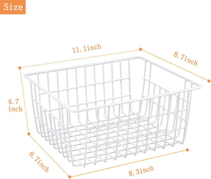 3 Pack Freezer White Wire Baskets for Organizing Office Wire Storage Basket with Built-in Handles, 14" Large White Metal Baskets for Pantry Freezer Kitchen Cabinets