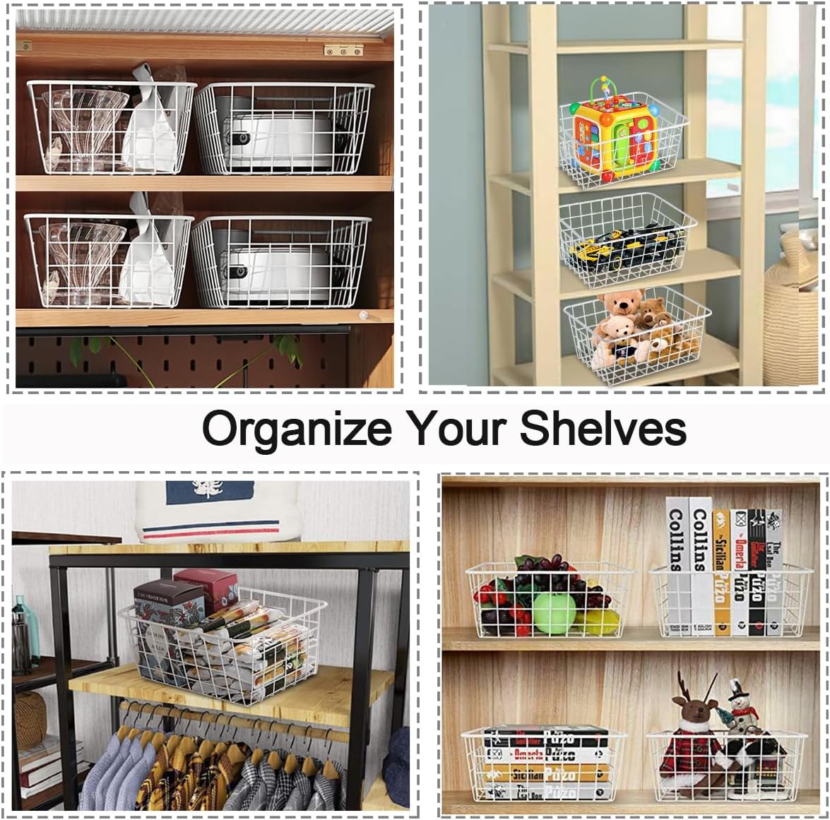 3 Pack Freezer White Wire Baskets for Organizing Office Wire Storage Basket with Built-in Handles, 14" Large White Metal Baskets for Pantry Freezer Kitchen Cabinets