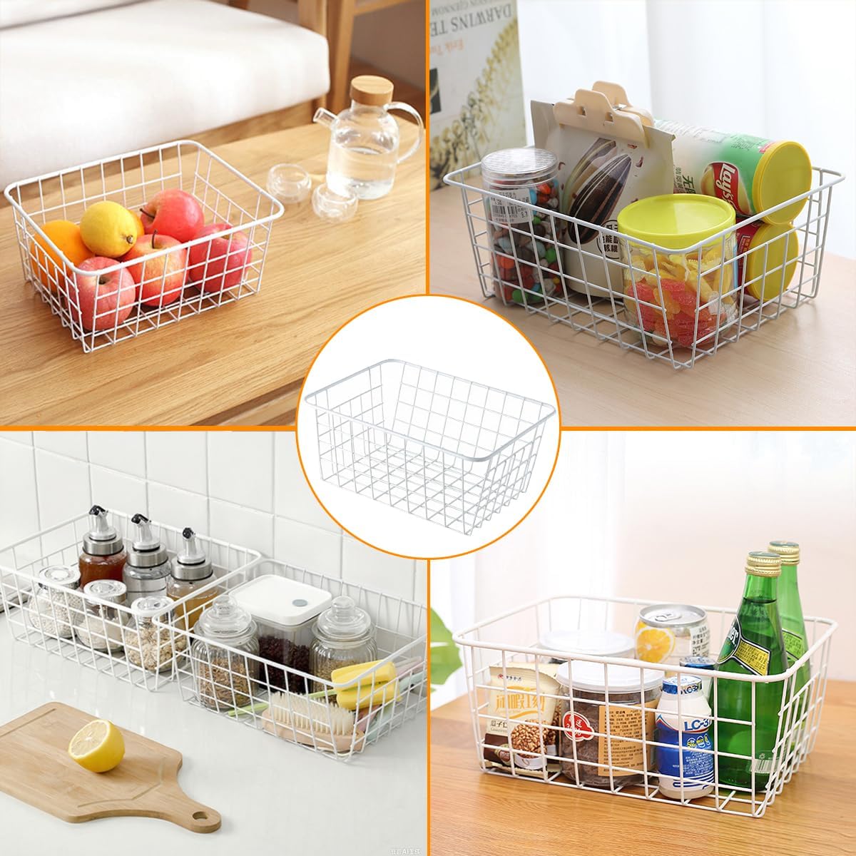 3 Pack Freezer White Wire Baskets for Organizing Office Wire Storage Basket with Built-in Handles, 14" Large White Metal Baskets for Pantry Freezer Kitchen Cabinets