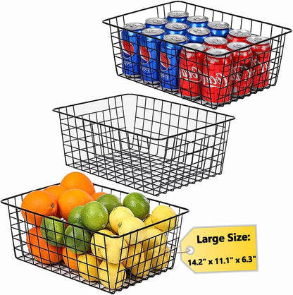 3 Pack Freezer White Wire Baskets for Organizing Office Wire Storage Basket with Built-in Handles, 14" Large White Metal Baskets for Pantry Freezer Kitchen Cabinets