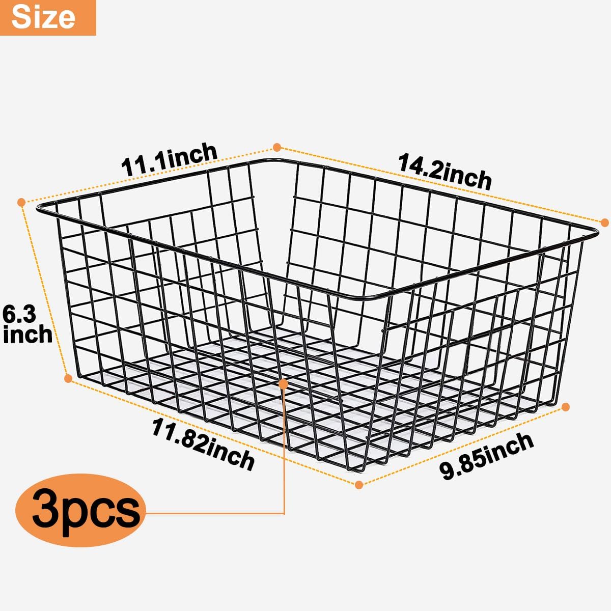 3 Pack Freezer White Wire Baskets for Organizing Office Wire Storage Basket with Built-in Handles, 14" Large White Metal Baskets for Pantry Freezer Kitchen Cabinets
