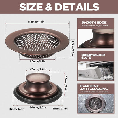 Oil Rubbed Bronze 2 Pcs 3-1/2 Kitchen Sink Drain Strainer Stopper