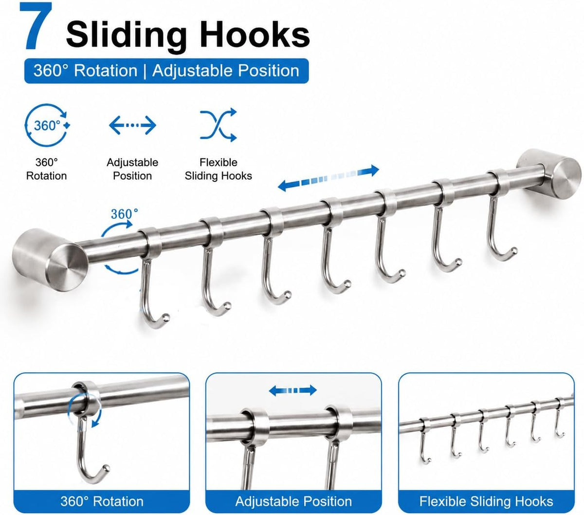 Kitchen Utensil Rack 7 Hooks for Pots Pans Mugs Cookware 15.6”