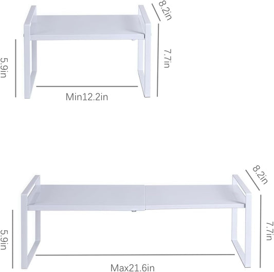 Expandable Cabinet Shelf Organizer Riser for Kitchen Pantry Cupboard Under Sink Countertop (white, 8.2’’D * 12.2-21.6’’W * 7.7’’H)