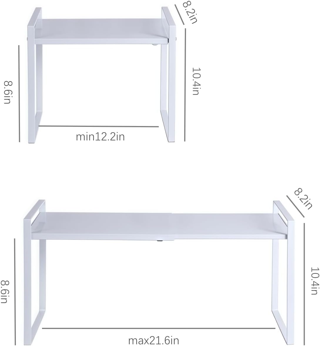 Expandable Cabinet Shelf Organizer Riser for Kitchen Pantry Cupboard Under Sink Countertop (white, 8.2’’D * 12.2-21.6’’W * 7.7’’H)