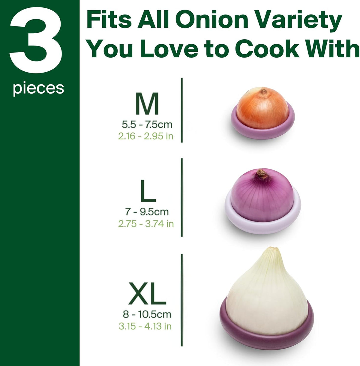 Onion Hugger - Onion Storage & Saver BPA Free Silicone Snug Fit Containers Perfect Holder & Keeper for Refrigerator to Keep Your Onions Fresh Longer - Set of 3