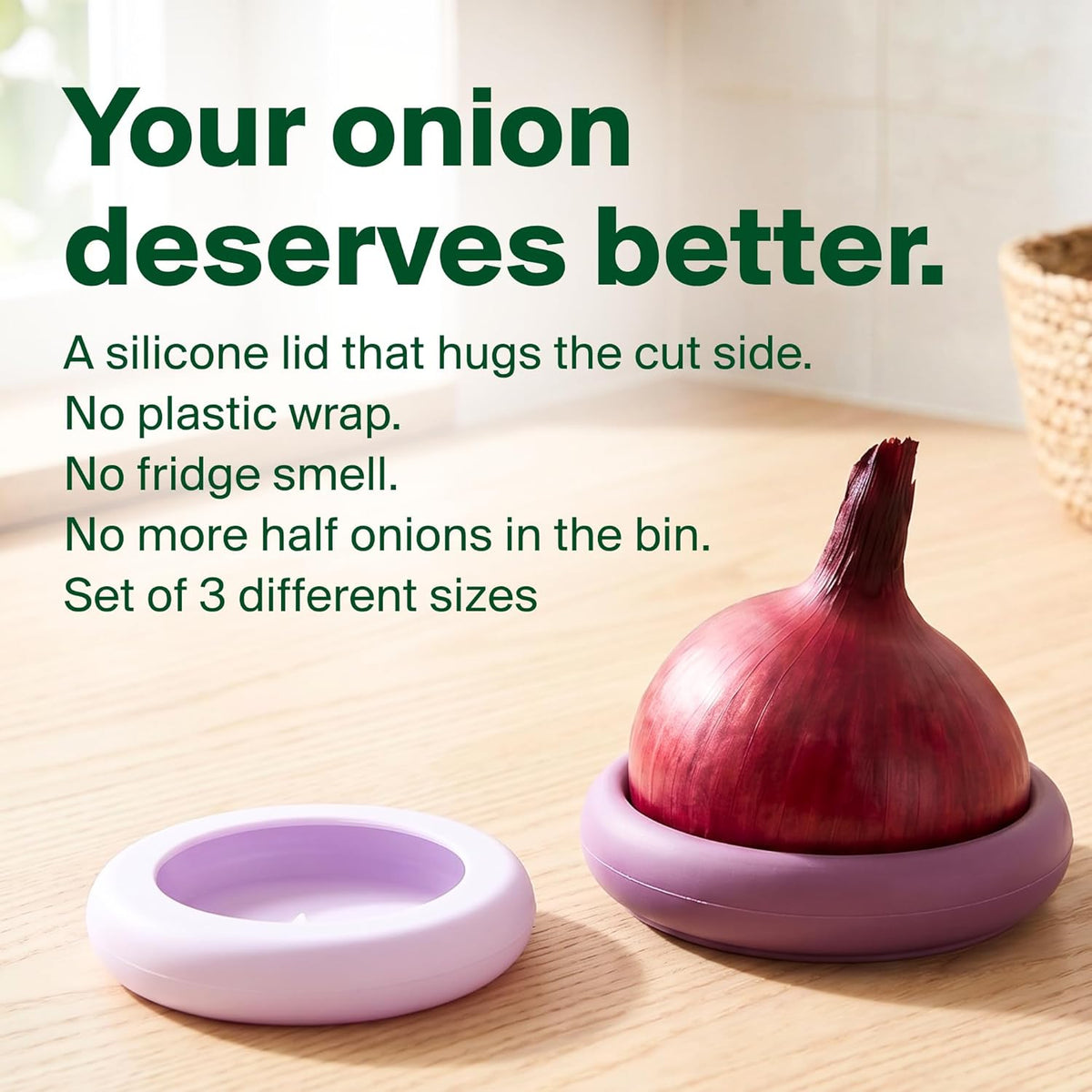 Onion Hugger - Onion Storage & Saver BPA Free Silicone Snug Fit Containers Perfect Holder & Keeper for Refrigerator to Keep Your Onions Fresh Longer - Set of 3