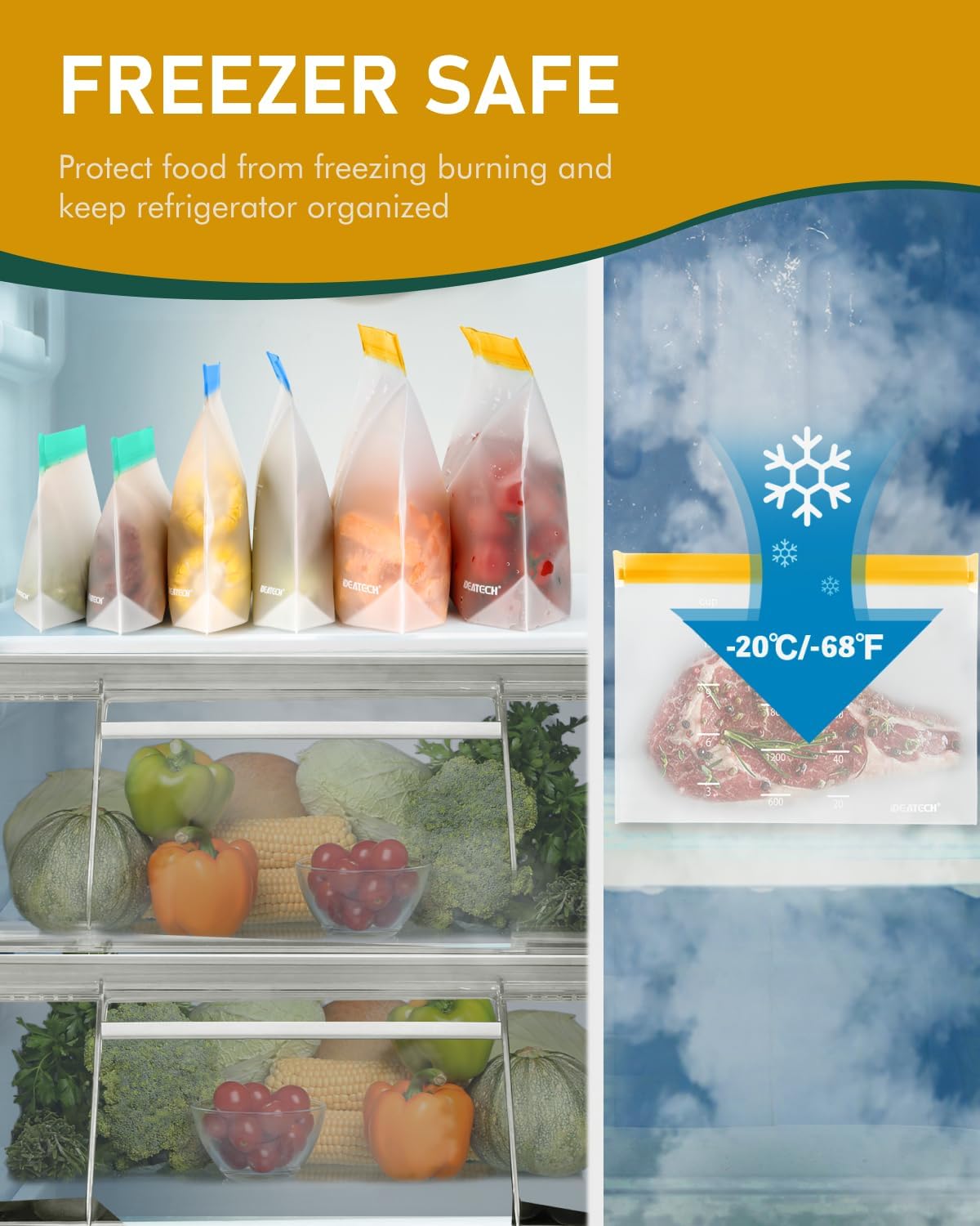 Reusable Gallon Freezer Bags, Reusable Food Storage Bags | Leakproof, Dishwasher Safe, BPA-Free Food Grade, Large Size with Measurement Marks for Meat, Marinades & Freezer Storage