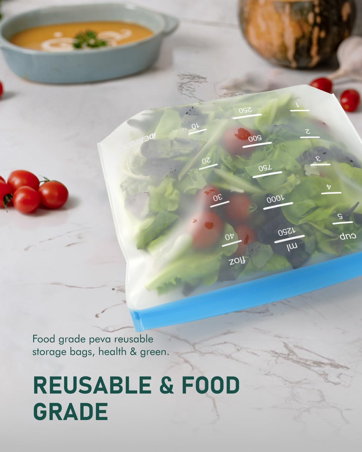 Reusable Gallon Freezer Bags, Reusable Food Storage Bags | Leakproof, Dishwasher Safe, BPA-Free Food Grade, Large Size with Measurement Marks for Meat, Marinades & Freezer Storage