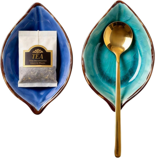 2-Pack Leaf Ice-Cracked Ceramic Coffee Spoon Rest & Tea Bag Holder with 2 Gold Spoons - Small Teabag Saucer for Coffee Bar Accessories - Cute Dipping Sauce Dish & Stirring Spoon Holder Set