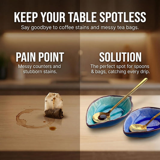 2-Pack Leaf Ice-Cracked Ceramic Coffee Spoon Rest & Tea Bag Holder with 2 Gold Spoons - Small Teabag Saucer for Coffee Bar Accessories - Cute Dipping Sauce Dish & Stirring Spoon Holder Set