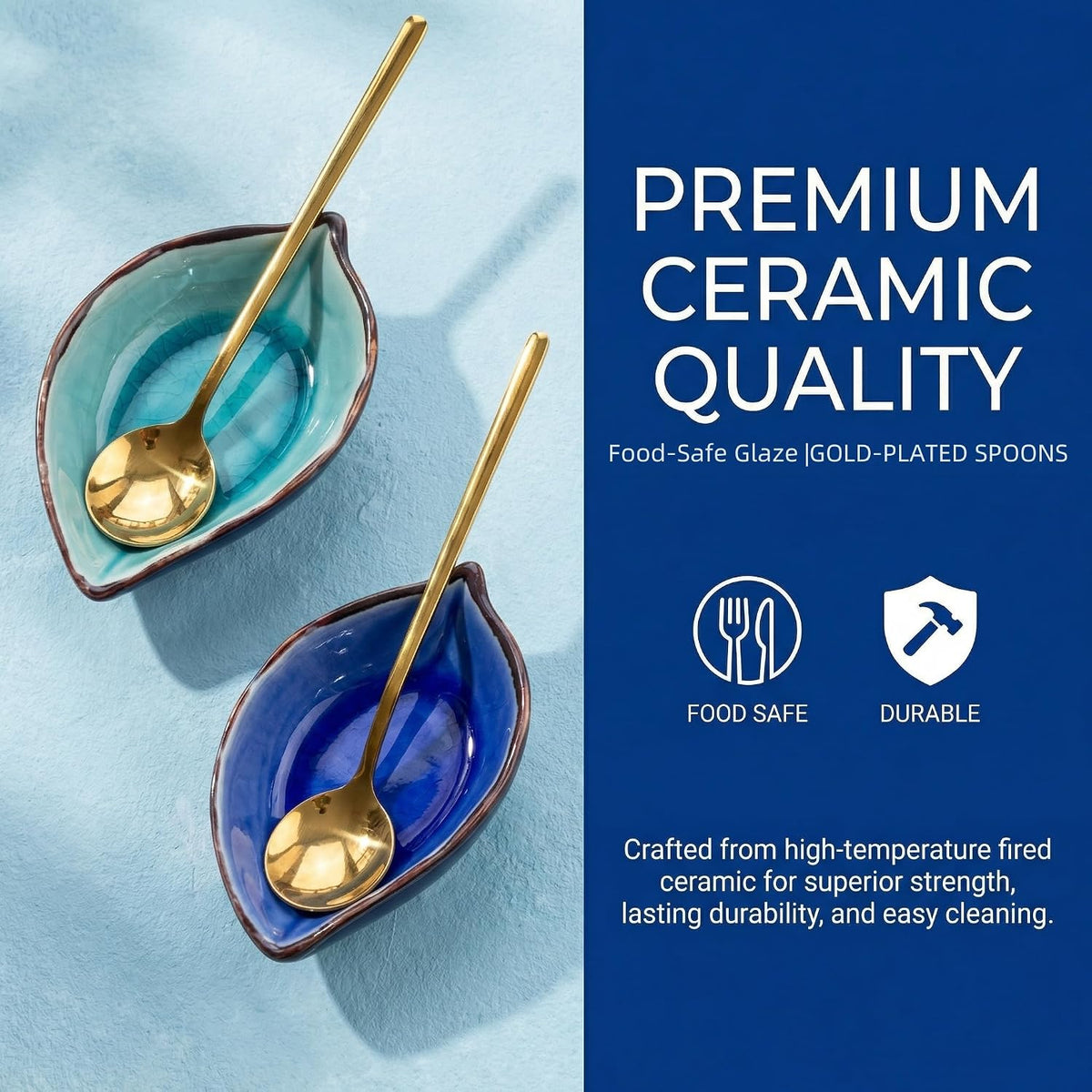 2-Pack Leaf Ice-Cracked Ceramic Coffee Spoon Rest & Tea Bag Holder with 2 Gold Spoons - Small Teabag Saucer for Coffee Bar Accessories - Cute Dipping Sauce Dish & Stirring Spoon Holder Set