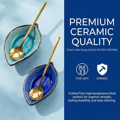2-Pack Leaf Ice-Cracked Ceramic Coffee Spoon Rest & Tea Bag Holder with 2 Gold Spoons - Small Teabag Saucer for Coffee Bar Accessories - Cute Dipping Sauce Dish & Stirring Spoon Holder Set