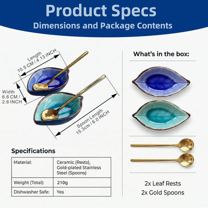 2-Pack Leaf Ice-Cracked Ceramic Coffee Spoon Rest & Tea Bag Holder with 2 Gold Spoons - Small Teabag Saucer for Coffee Bar Accessories - Cute Dipping Sauce Dish & Stirring Spoon Holder Set
